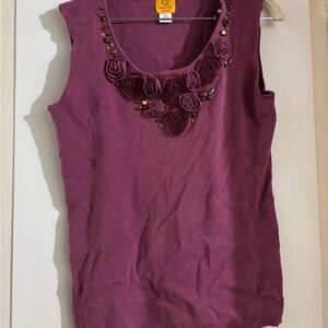 Ruby Rd. Plum Ribbed Tank with Floral Bead Neckline